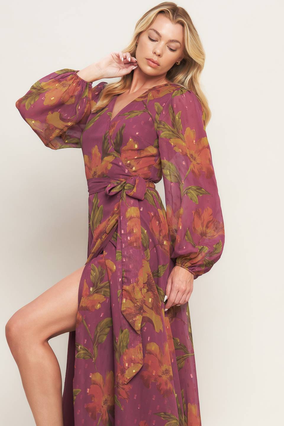 Ember Garden Woven Maxi Dress With Surplice Neckline And Tie Wrap Textured Printed Long Sleeve